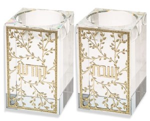 Picture of Crystal Rectangle Candle Sticks Lasercut Metal Plates Leaves Design Gold 2.95"